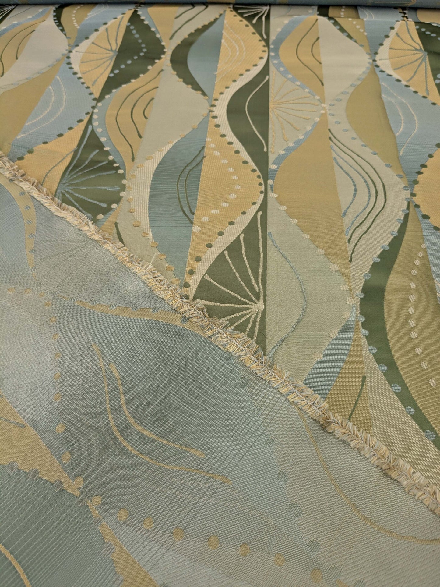 100% Silk Lampas Music Note "Jadeite"  Green Brown Blue Art Deco