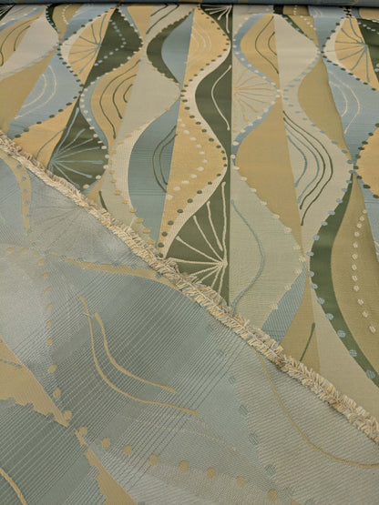 100% Silk Lampas Music Note "Jadeite"  Green Brown Blue Art Deco