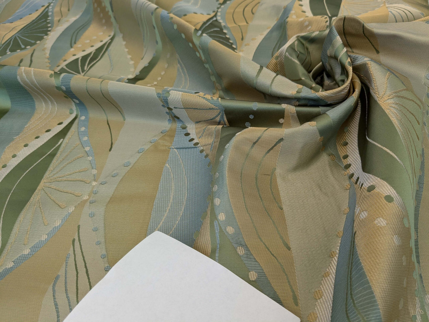 100% Silk Lampas Music Note "Jadeite"  Green Brown Blue Art Deco