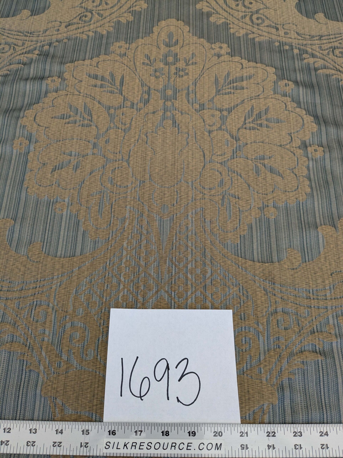 100% Silk Damask on Strie Demure Blue Purple Antique Gold Classic Renaissance Artichoke Reversible 59"wide