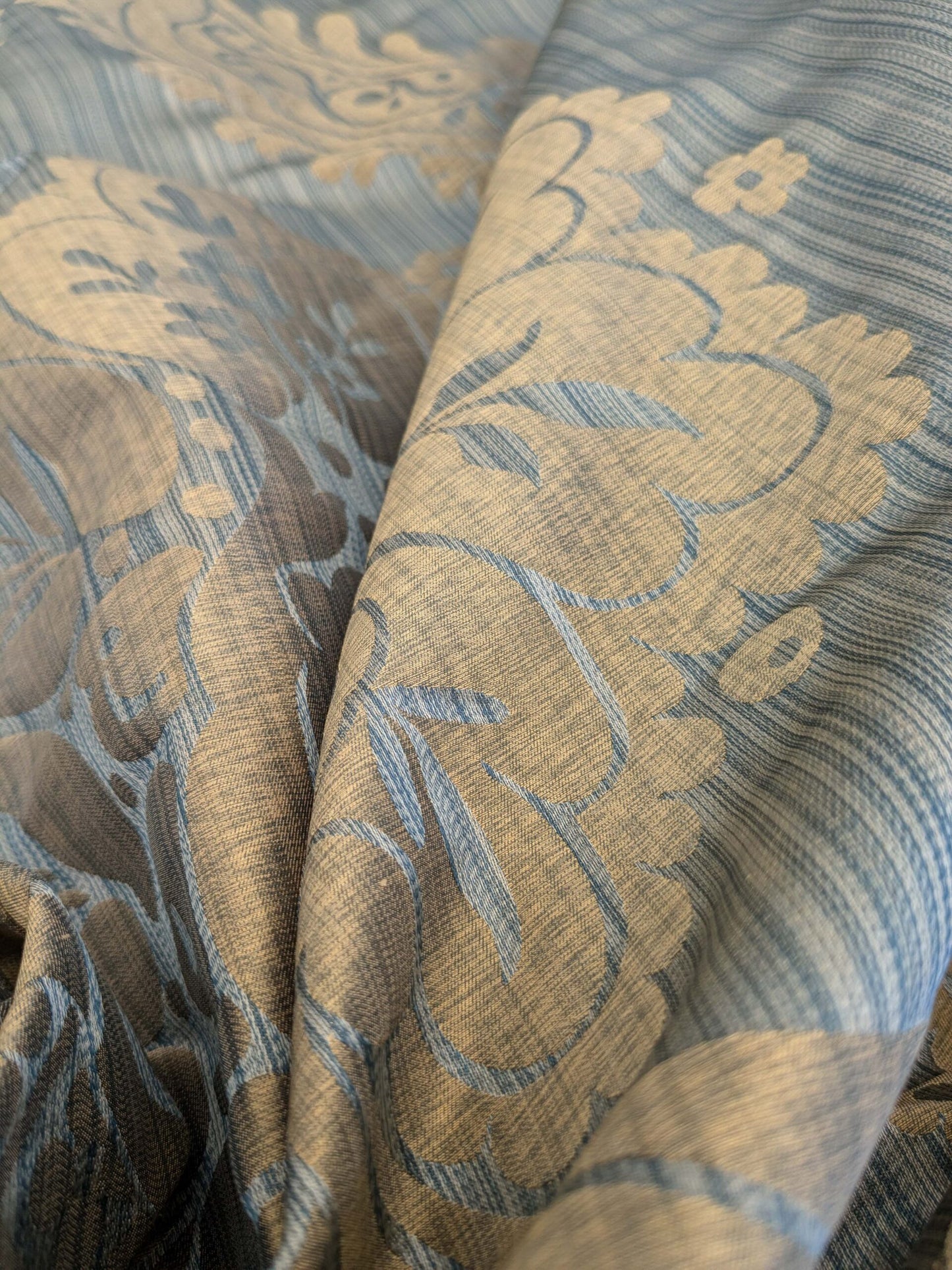 100% Silk Damask on Strie Demure Blue Purple Antique Gold Classic Renaissance Artichoke Reversible 59"wide