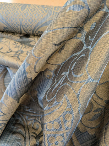 100% Silk Damask on Strie Demure Blue Purple Antique Gold Classic Renaissance Artichoke Reversible 59"wide