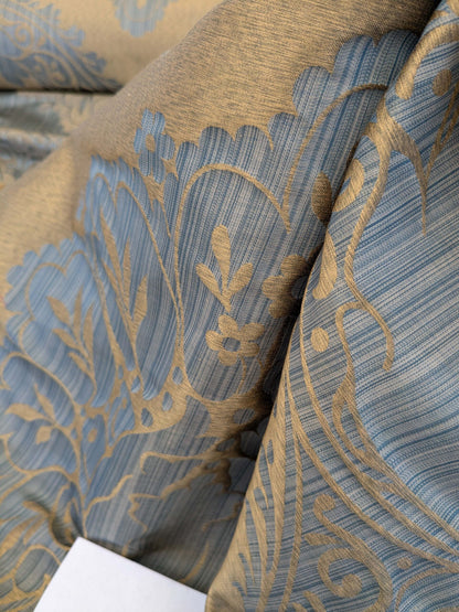 100% Silk Damask on Strie Demure Blue Purple Antique Gold Classic Renaissance Artichoke Reversible 59"wide