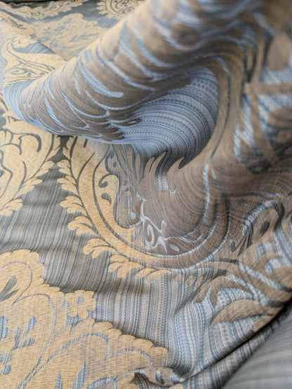 100% Silk Damask on Strie Demure Blue Purple Antique Gold Classic Renaissance Artichoke Reversible 59"wide