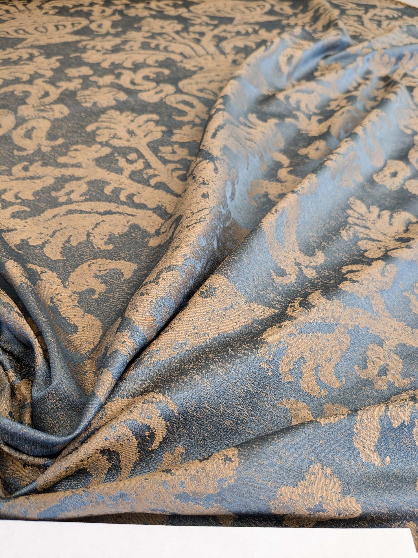 Chinoisery Flower in Vase Bronze Age 100% Silk Damask Blue Gold Radiance! Highest Quality MSRP USD 400+/Yard