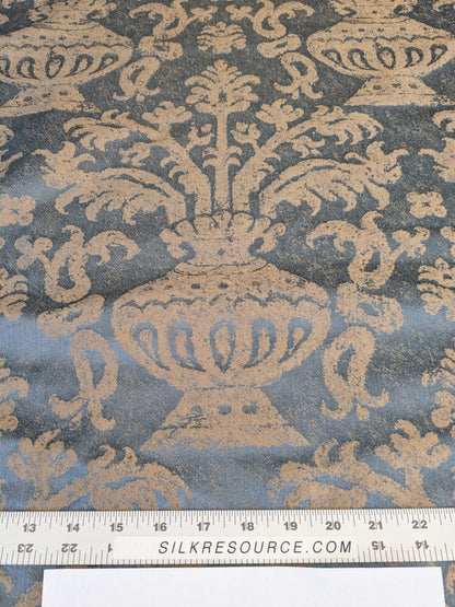 Chinoisery Flower in Vase Bronze Age 100% Silk Damask Blue Gold Radiance! Highest Quality MSRP USD 400+/Yard