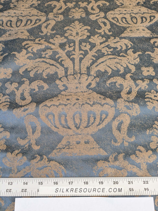Chinoisery Flower in Vase Bronze Age 100% Silk Damask Blue Gold Radiance! Highest Quality MSRP USD 400+/Yard