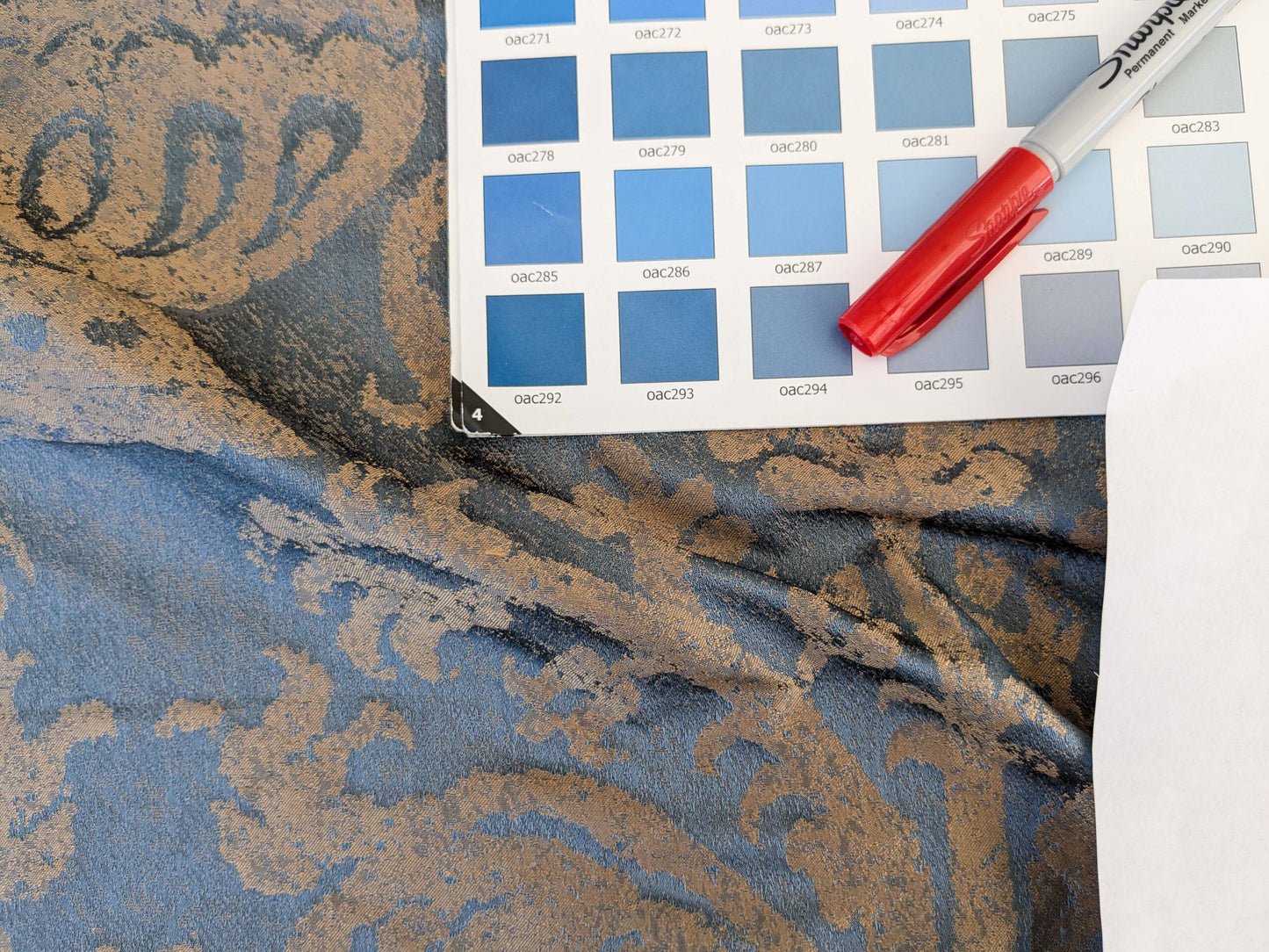 Chinoisery Flower in Vase Bronze Age 100% Silk Damask Blue Gold Radiance! Highest Quality MSRP USD 400+/Yard