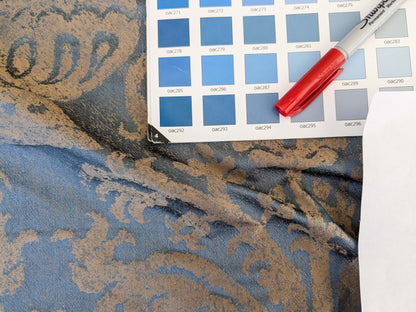 Chinoisery Flower in Vase Bronze Age 100% Silk Damask Blue Gold Radiance! Highest Quality MSRP USD 400+/Yard