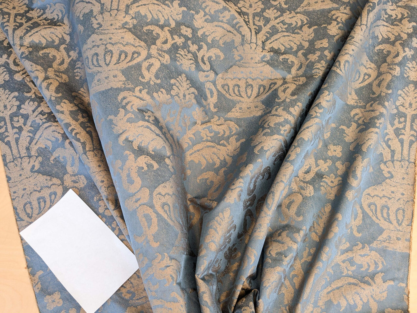 Chinoisery Flower in Vase Bronze Age 100% Silk Damask Blue Gold Radiance! Highest Quality MSRP USD 400+/Yard