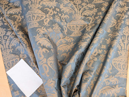 Chinoisery Flower in Vase Bronze Age 100% Silk Damask Blue Gold Radiance! Highest Quality MSRP USD 400+/Yard