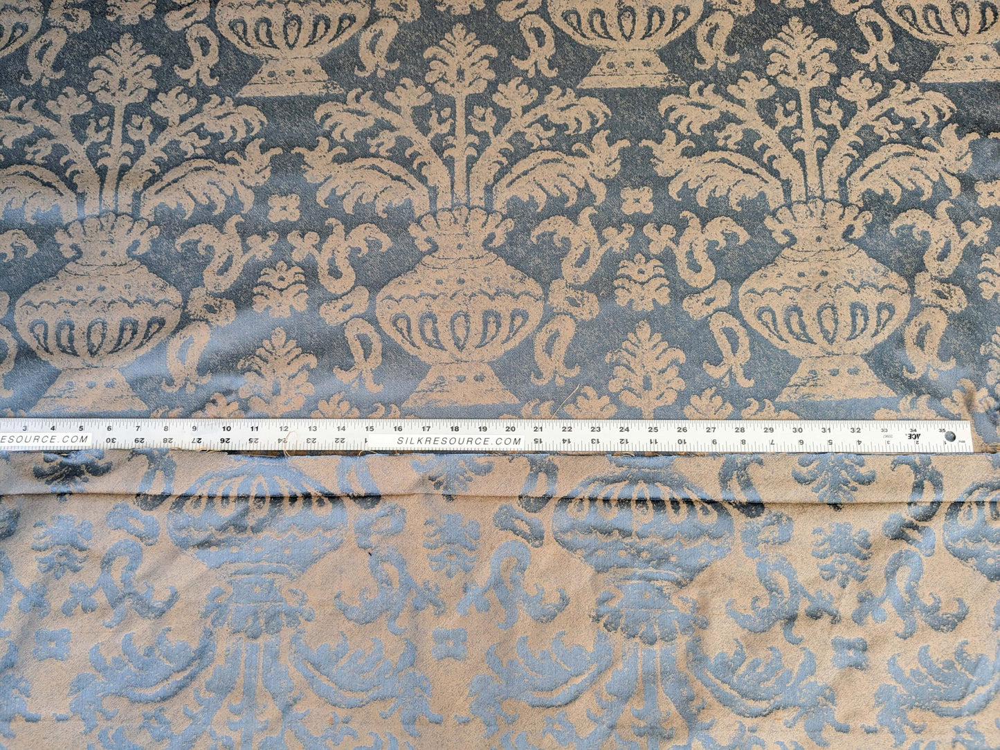 Chinoisery Flower in Vase Bronze Age 100% Silk Damask Blue Gold Radiance! Highest Quality MSRP USD 400+/Yard