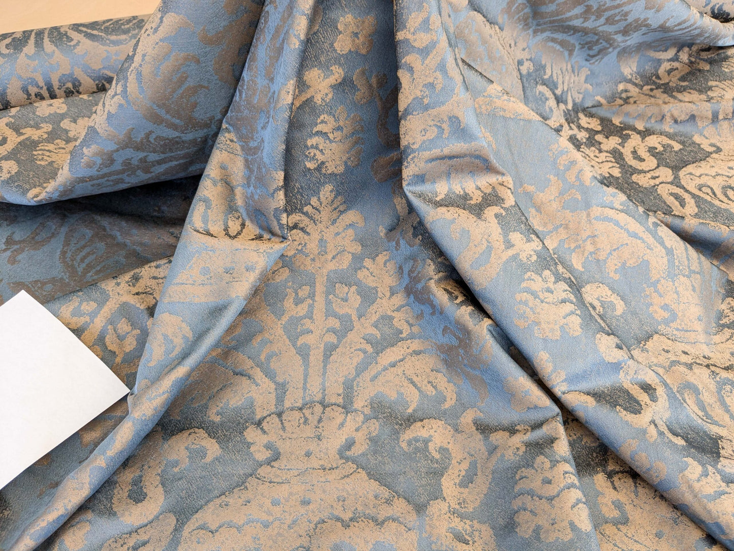 Chinoisery Flower in Vase Bronze Age 100% Silk Damask Blue Gold Radiance! Highest Quality MSRP USD 400+/Yard