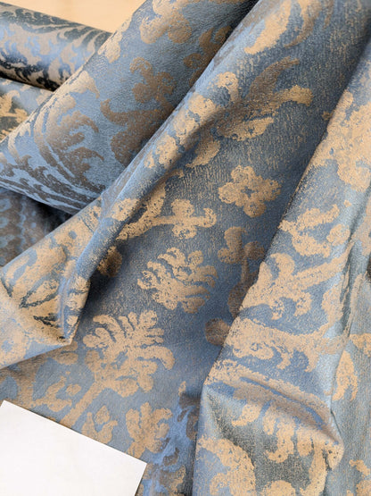 Chinoisery Flower in Vase Bronze Age 100% Silk Damask Blue Gold Radiance! Highest Quality MSRP USD 400+/Yard