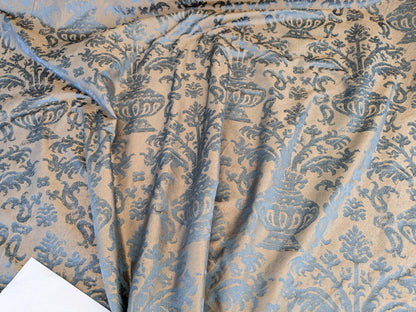 Chinoisery Flower in Vase Bronze Age 100% Silk Damask Blue Gold Radiance! Highest Quality MSRP USD 400+/Yard