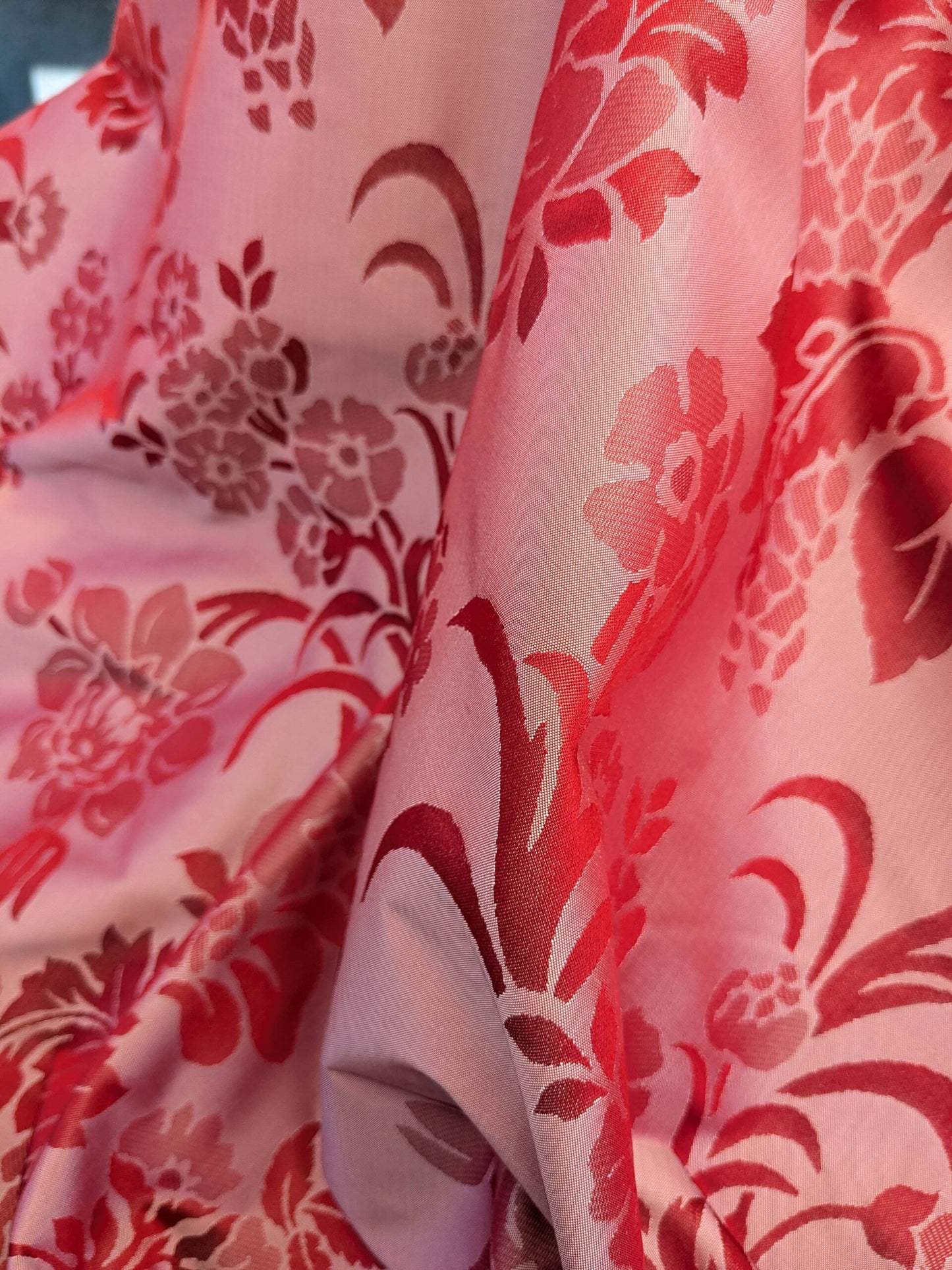 By Yd Scalamandre Baranzelli Superb 100% Silk Damask Crimson Red &amp; Silver Flower Art Deco Italy SKU90