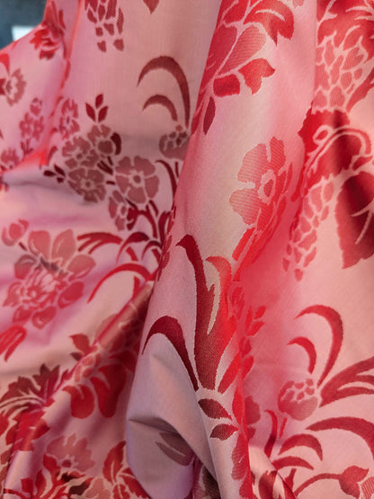 By Yd Scalamandre Baranzelli Superb 100% Silk Damask Crimson Red &amp; Silver Flower Art Deco Italy SKU90