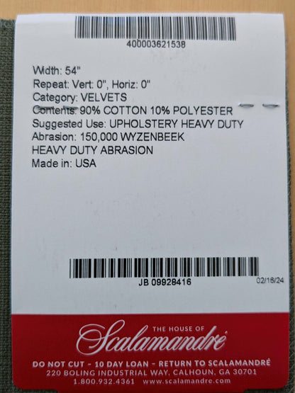 Scalamandre Strie Amboise Olive Green Velvet Cotton Old World Weavers Cotton Velvet MSRP USD 208/Yd