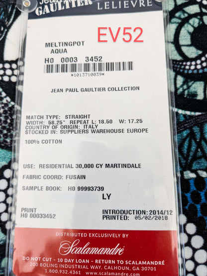 3 EV52 1.2y x 58"wide Scalamandre Lelievre Paris Jean Paul Gaultier Meltingpot Aqua Abstract Art Deco Suzani Classic Novelty Blue Black White  MSRP USD450+