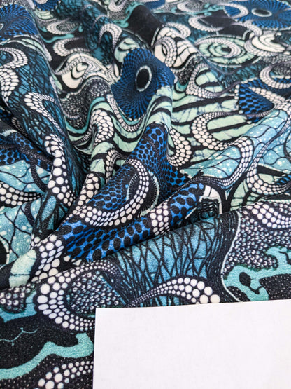 3 EV52 1.2y x 58"wide Scalamandre Lelievre Paris Jean Paul Gaultier Meltingpot Aqua Abstract Art Deco Suzani Classic Novelty Blue Black White  MSRP USD450+