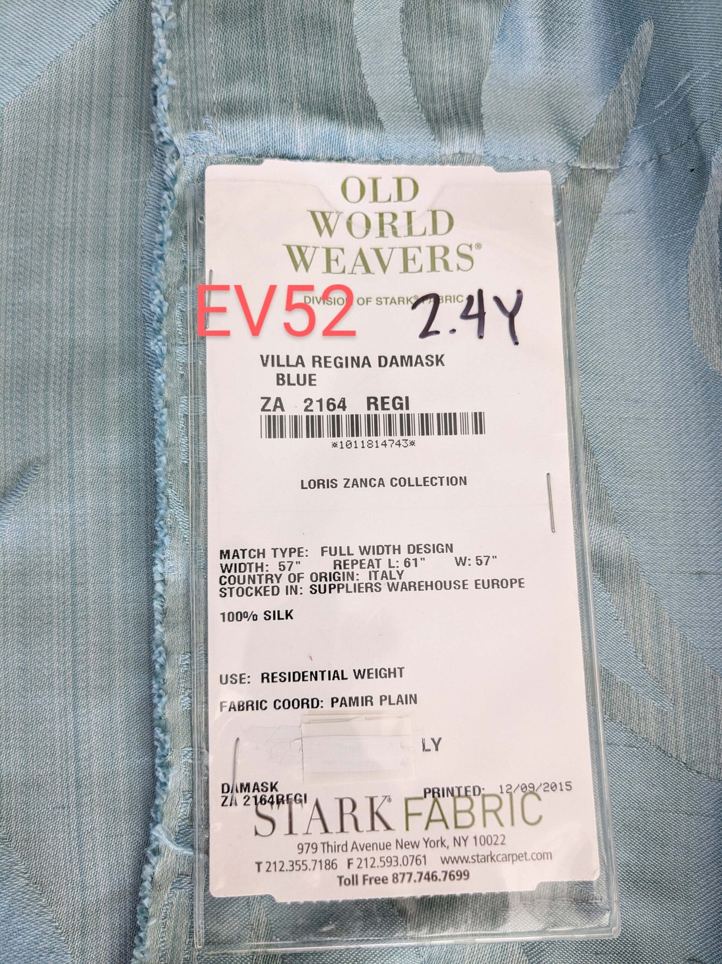 9 EV52 2.4y x 57"wide Scalamandre Old World Weavers Villa Regina Damask Blue 100% Silk Renaissance MSRP USD500+
