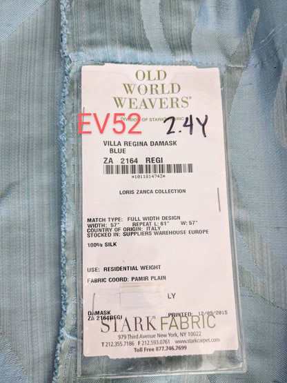 9 EV52 2.4y x 57"wide Scalamandre Old World Weavers Villa Regina Damask Blue 100% Silk Renaissance MSRP USD500+