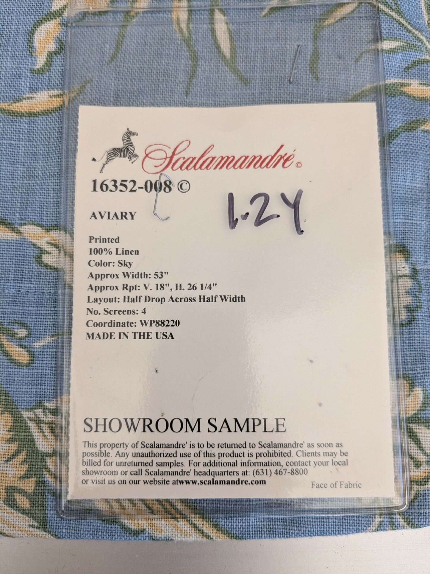 11 EV52 1.2y x 53"wide Scalamandre Aviary Sky Blue Linen Birds Floral Botanical Foliage Chinoiserie Print