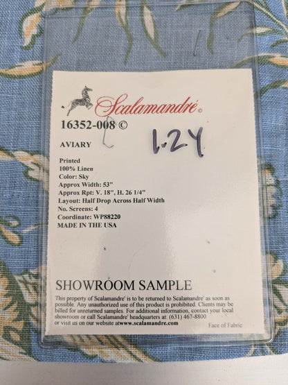 11 EV52 1.2y x 53"wide Scalamandre Aviary Sky Blue Linen Birds Floral Botanical Foliage Chinoiserie Print