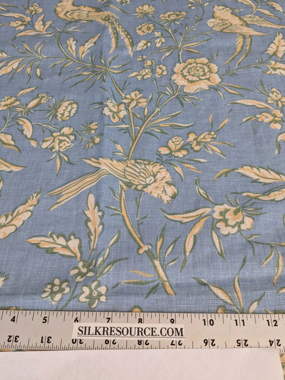 11 EV52 1.2y x 53"wide Scalamandre Aviary Sky Blue Linen Birds Floral Botanical Foliage Chinoiserie Print