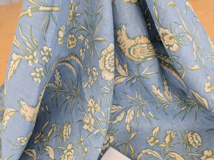 11 EV52 1.2y x 53"wide Scalamandre Aviary Sky Blue Linen Birds Floral Botanical Foliage Chinoiserie Print