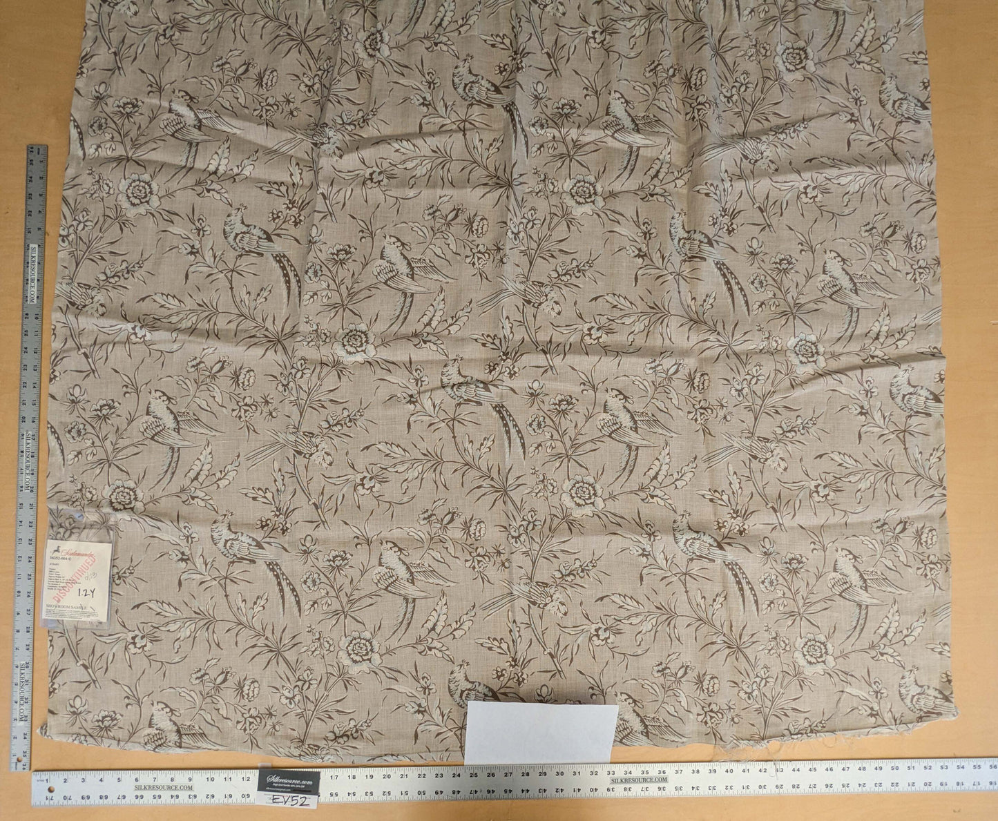 12 EV52 1.2y x 53"wide Scalamandre Aviary Taupe Brown Linen Birds Floral Botanical Foliage Chinoiserie Print