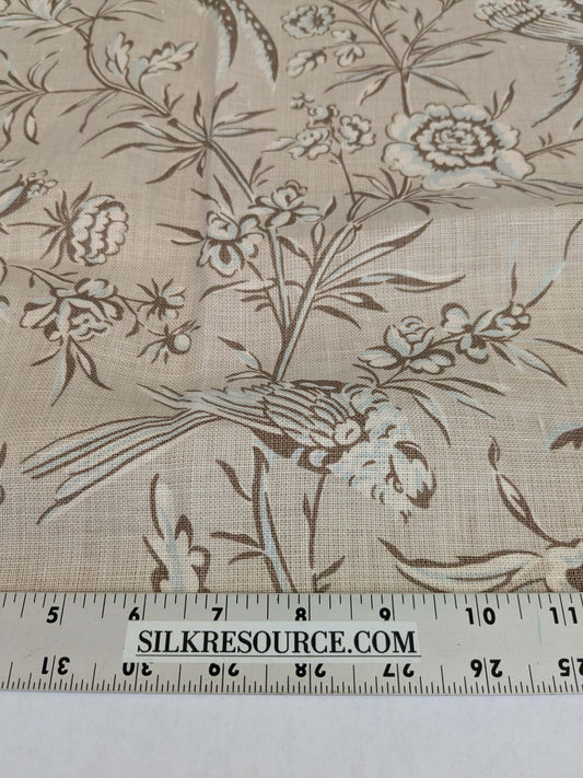 12 EV52 1.2y x 53"wide Scalamandre Aviary Taupe Brown Linen Birds Floral Botanical Foliage Chinoiserie Print