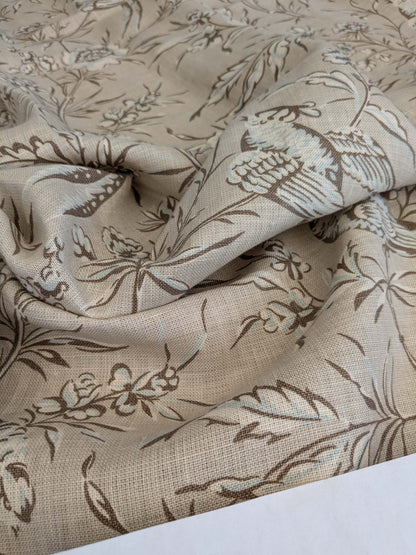12 EV52 1.2y x 53"wide Scalamandre Aviary Taupe Brown Linen Birds Floral Botanical Foliage Chinoiserie Print