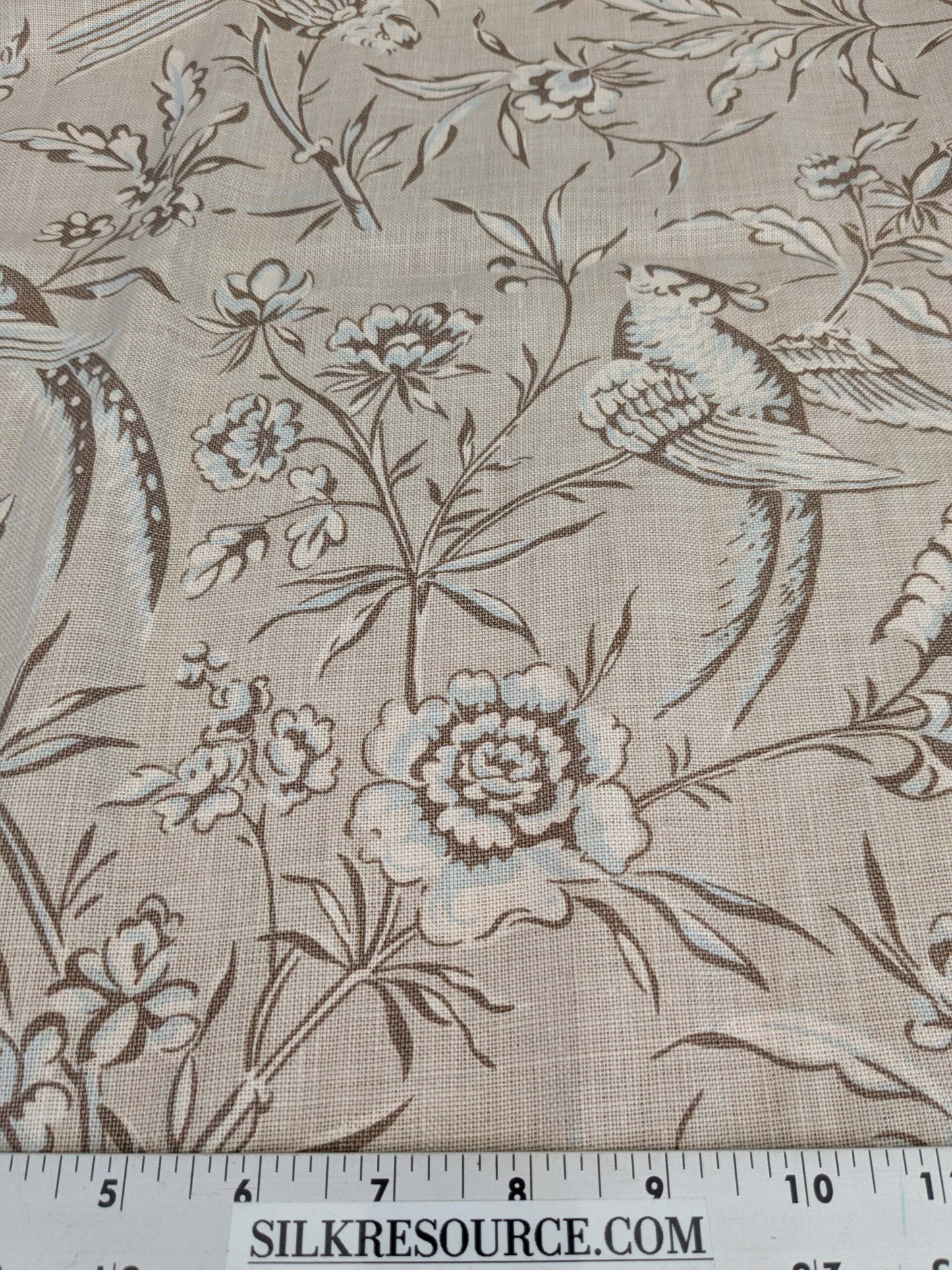 12 EV52 1.2y x 53"wide Scalamandre Aviary Taupe Brown Linen Birds Floral Botanical Foliage Chinoiserie Print