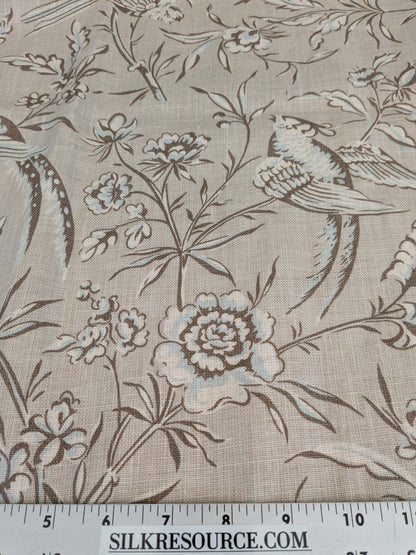 12 EV52 1.2y x 53"wide Scalamandre Aviary Taupe Brown Linen Birds Floral Botanical Foliage Chinoiserie Print