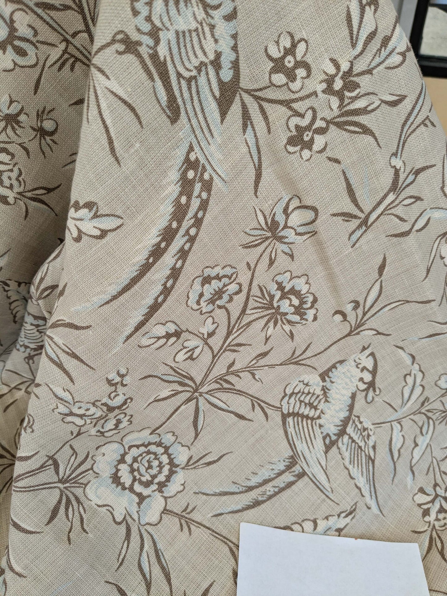 12 EV52 1.2y x 53"wide Scalamandre Aviary Taupe Brown Linen Birds Floral Botanical Foliage Chinoiserie Print