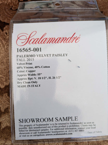 16 EV52 1.2y x 55"wide Scalamandre Palermo Velvet Paisley Copper Brown Printed Velvet Botanical Foliage MSRP USD610/y