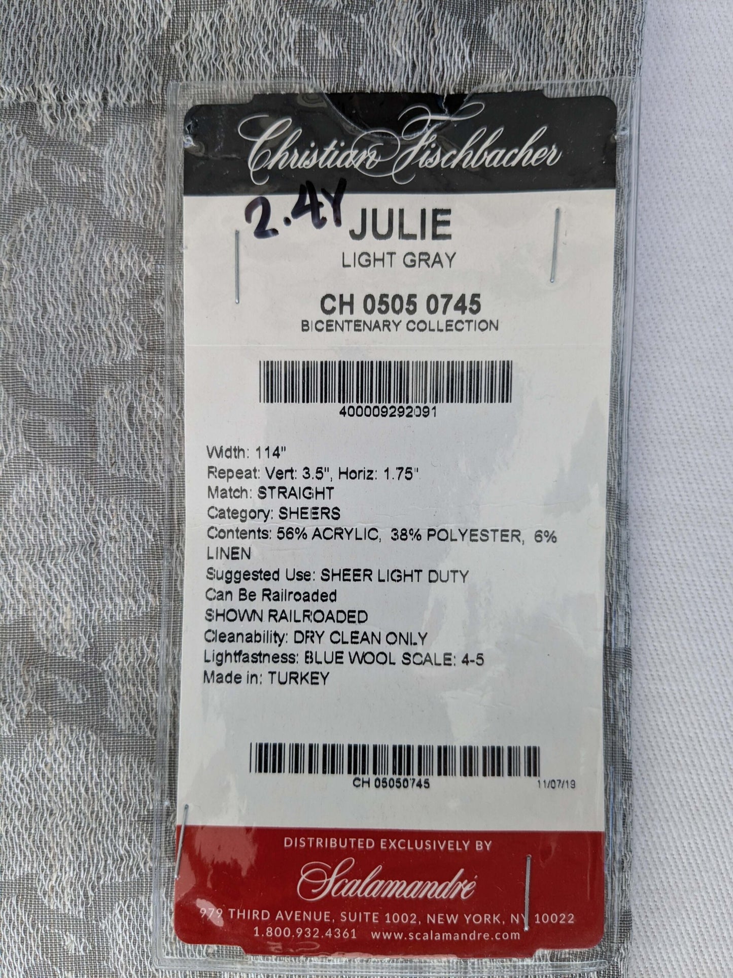 20 EV52 2.4y x 55"wide Scalamandre Christian Fischbacher Julie Light Gray Sheer Small Scale