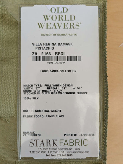 7 EV53 26"x 27" Square Scalamandre Old World Weavers Villa Regina Damask Pistachio Green 100% Silk Renaissance MSRP USD500+