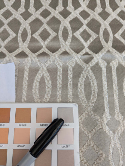 33 EV53 Square Scalamandre Aldeco Ryad Dyor Silver on Taupe Gray Brown Fretwork Lattice Geometric MSRP USD200+