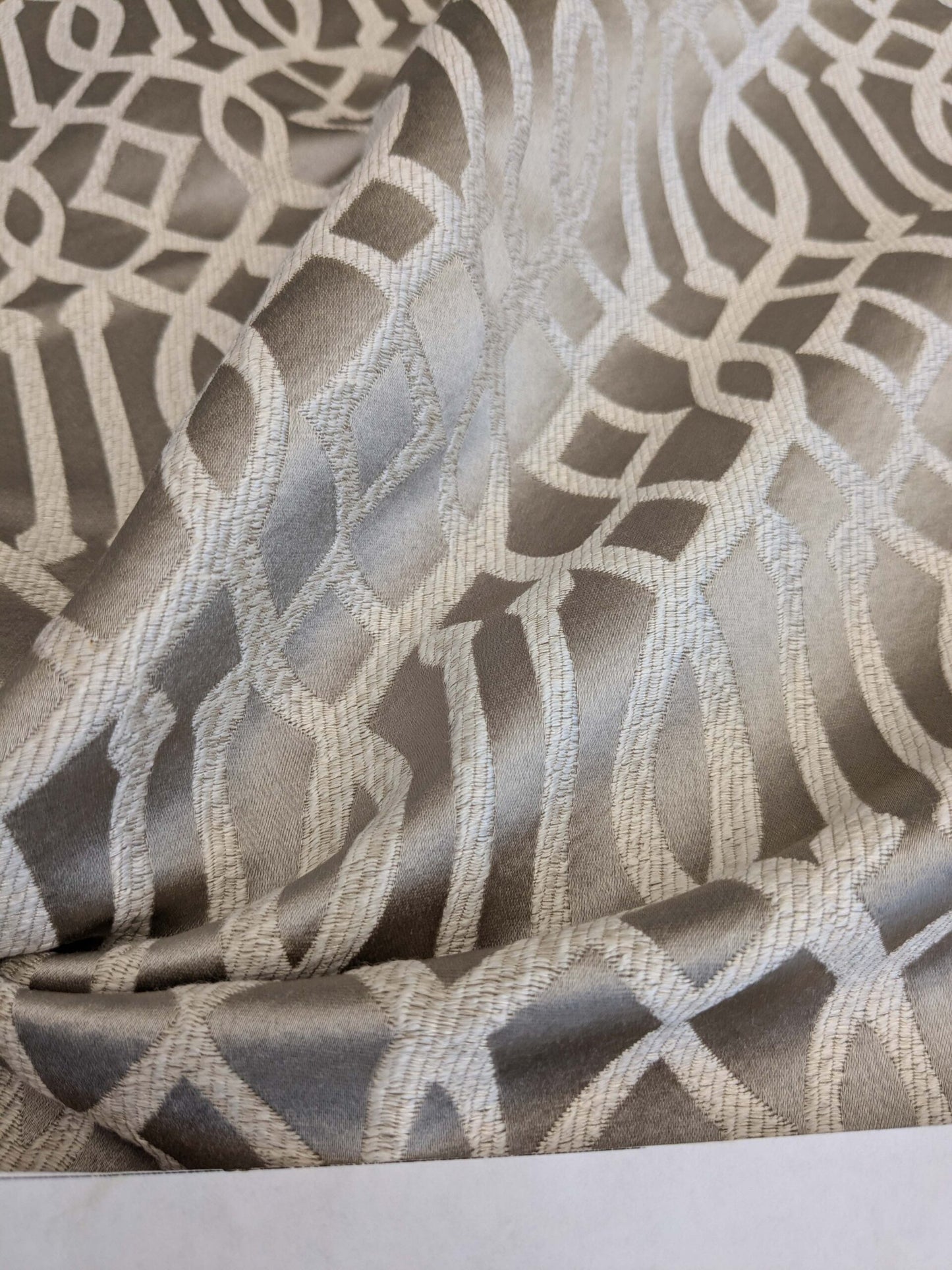 33 EV53 Square Scalamandre Aldeco Ryad Dyor Silver on Taupe Gray Brown Fretwork Lattice Geometric MSRP USD200+