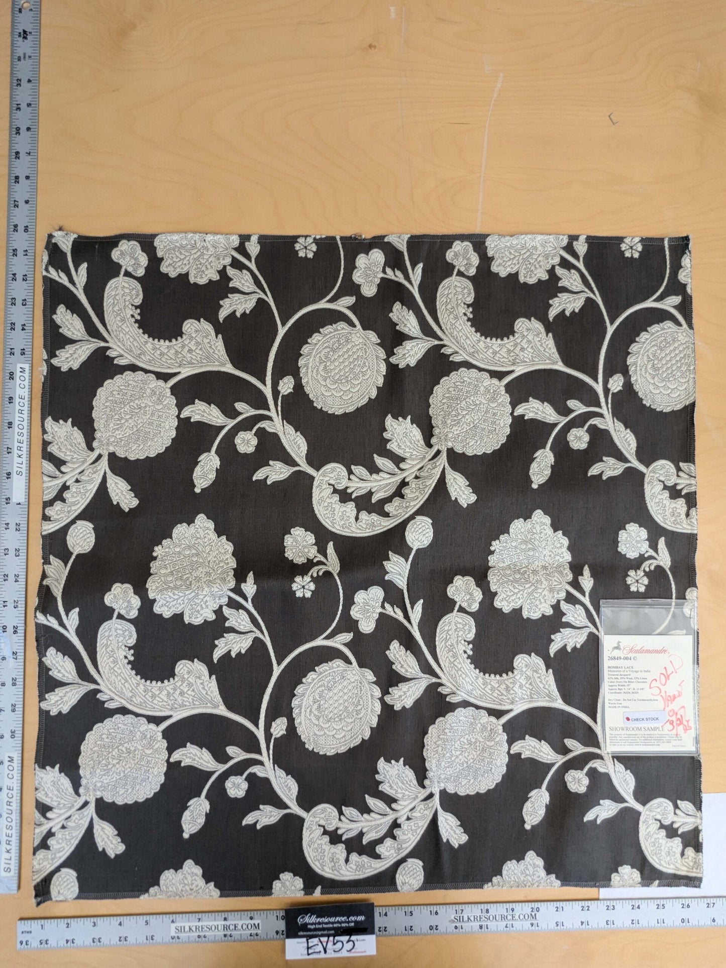 38 EV53 Square Scalamandre Bombay Lace Ivory on Bitter Chocolate Embroidery Botanical Foliage MSRP USD 300+