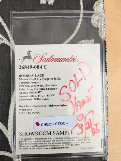 38 EV53 Square Scalamandre Bombay Lace Ivory on Bitter Chocolate Embroidery Botanical Foliage MSRP USD 300+