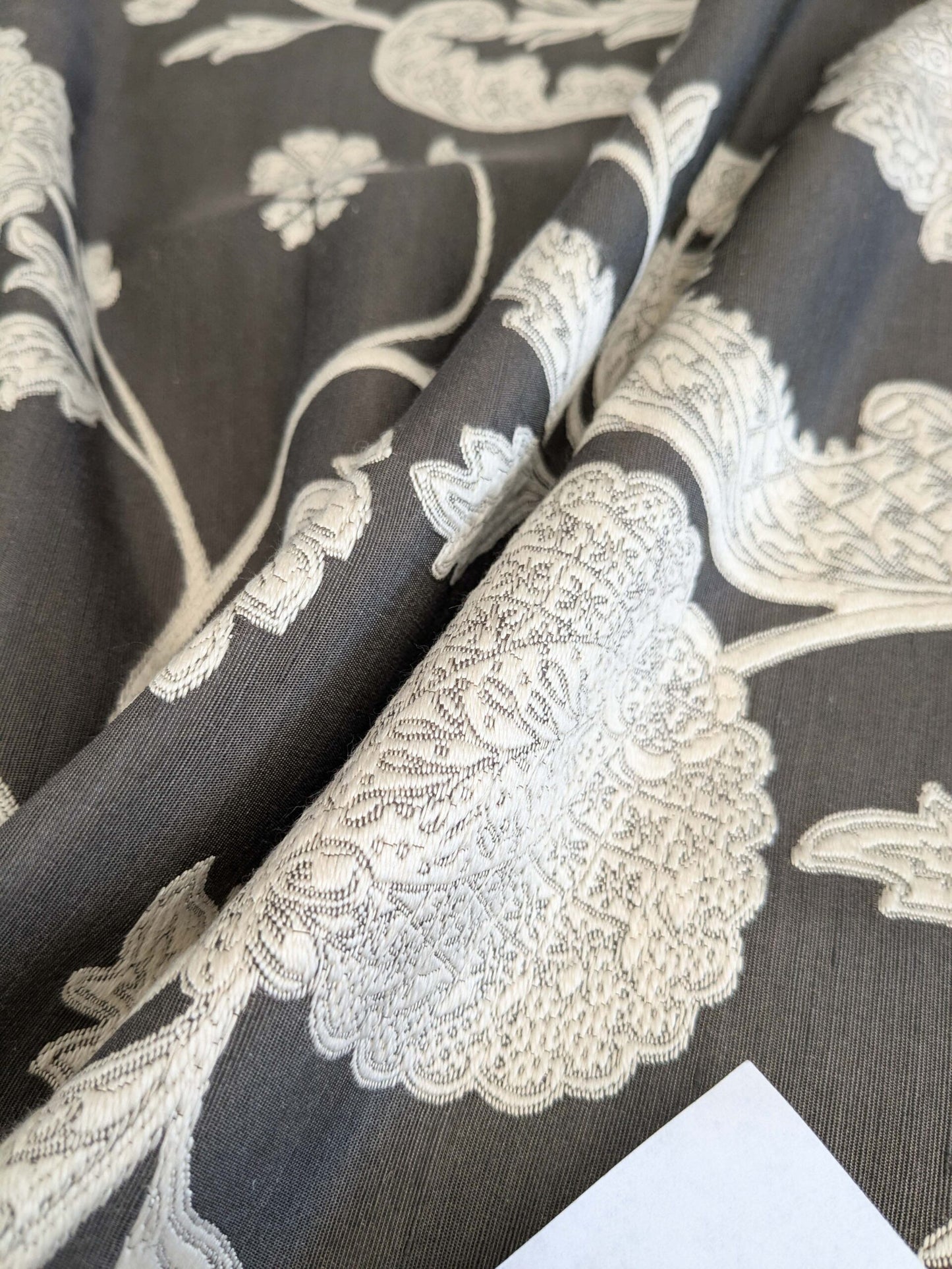 38 EV53 Square Scalamandre Bombay Lace Ivory on Bitter Chocolate Embroidery Botanical Foliage MSRP USD 300+