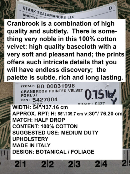 Scalamandre Fonthill Cranbrook Printed Velvet Forest Rich Emerald Green Printed Renaissance Floral Jacobean MSRP USD368/Y