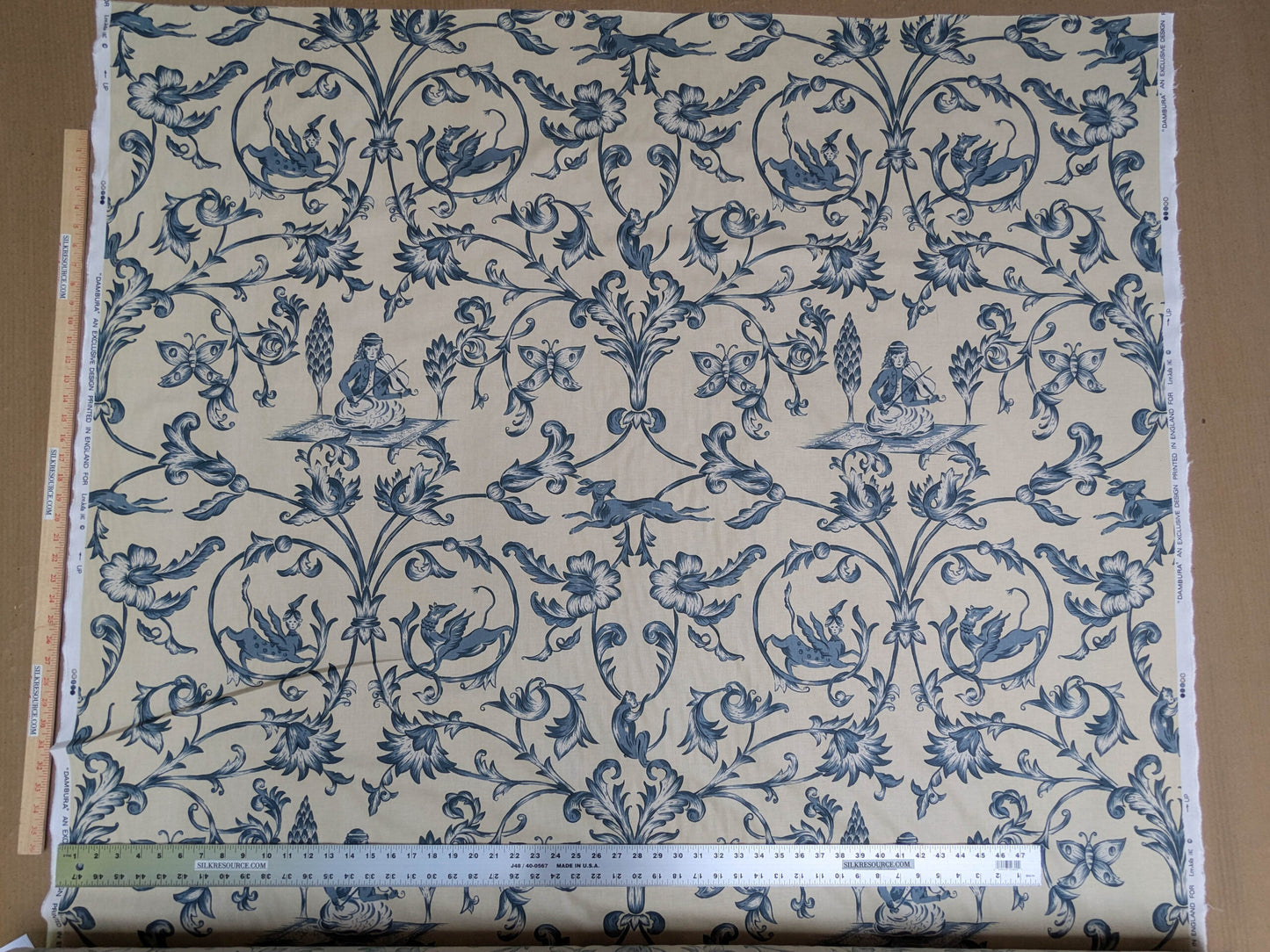 Bty Lee Jofa Dambura Print Monkey Griffin Indigo Deeper Blue Deer Music Toile Cotton Chintz
