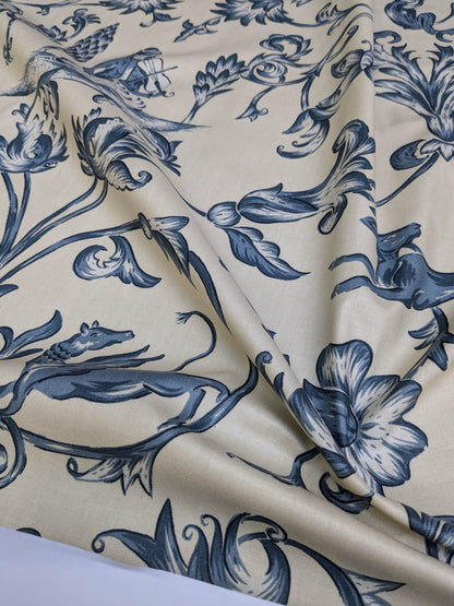Bty Lee Jofa Dambura Print Monkey Griffin Indigo Deeper Blue Deer Music Toile Cotton Chintz