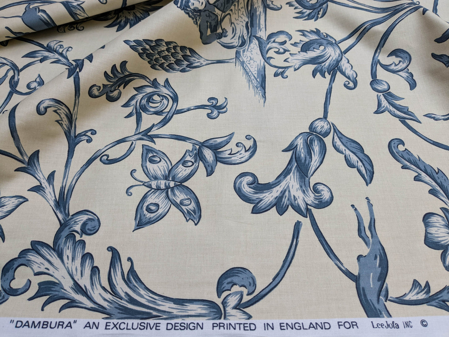 Bty Lee Jofa Dambura Print Monkey Griffin Indigo Deeper Blue Deer Music Toile Cotton Chintz