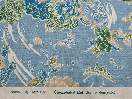 Brunschwig &amp; Fils Shishi Peony &amp; Chinese Lion On Turquoise Cotton MSRP USD 336/Y
