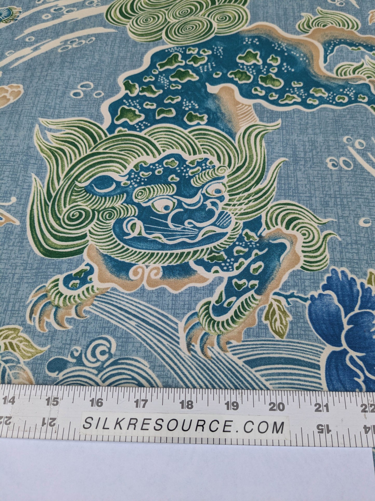 Brunschwig &amp; Fils Shishi Peony &amp; Chinese Lion On Turquoise Cotton MSRP USD 336/Y